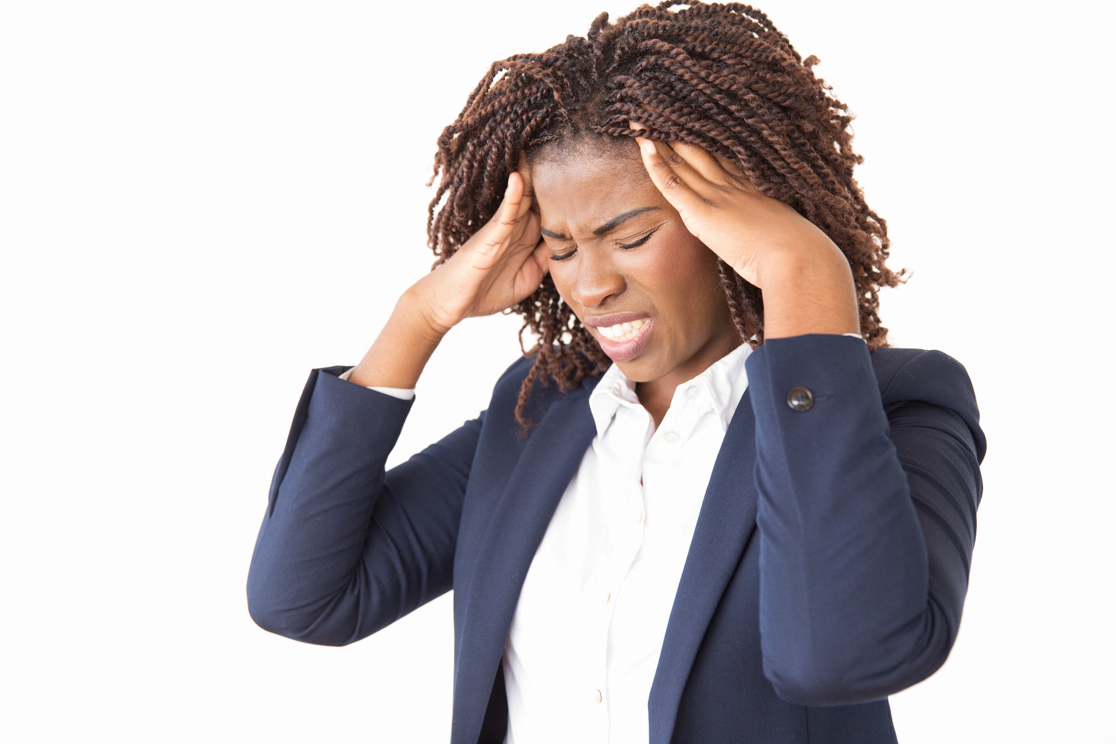 Stressed female holding temples